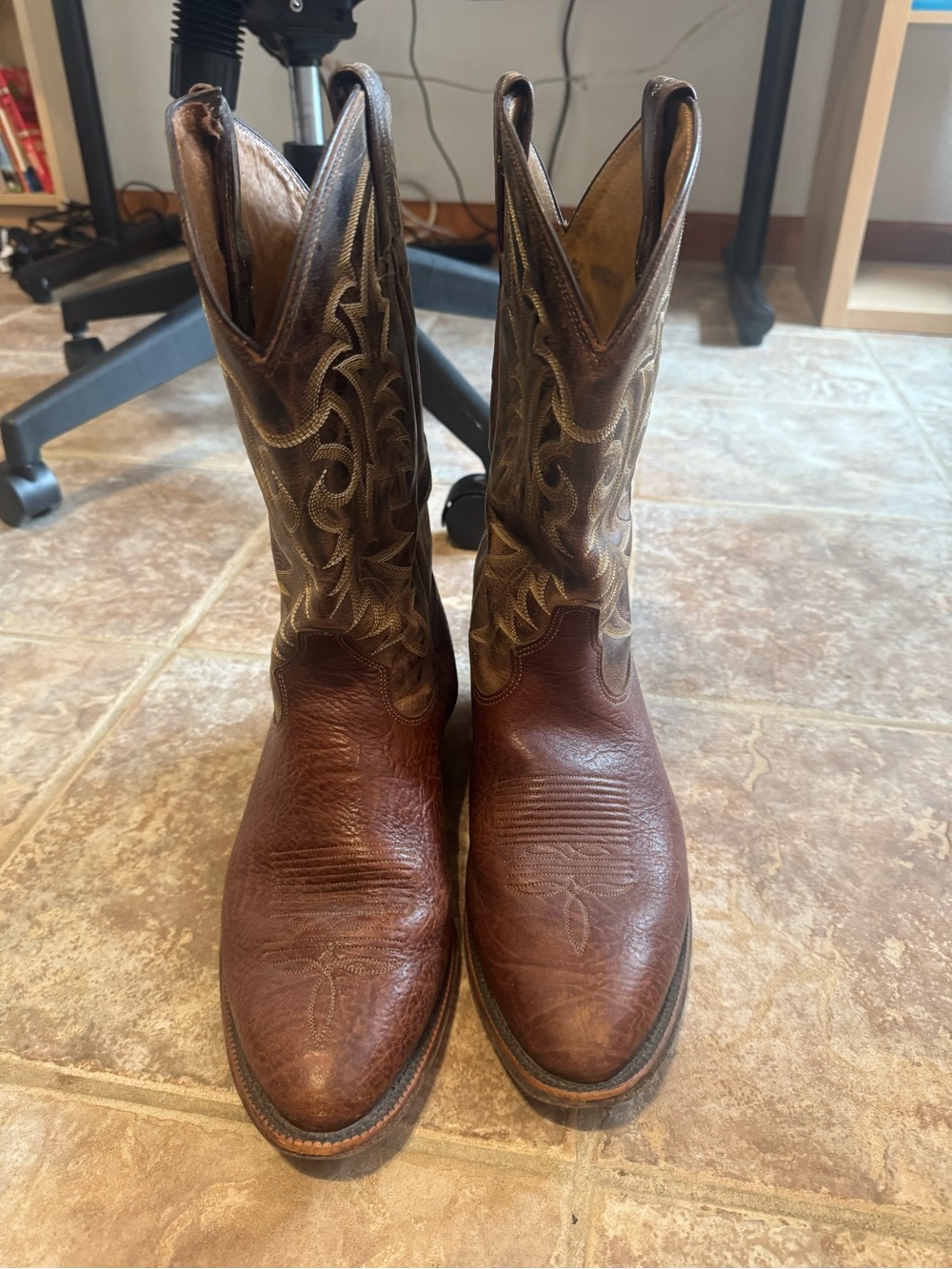 Tony Lama Brown Leather Western Cowboy Boots with Embroidered Shaft
